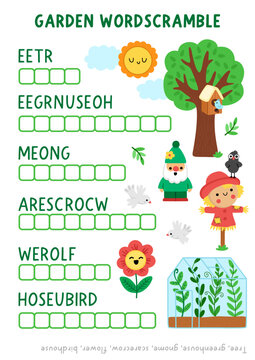 Vector garden word scramble activity page. English language game with greenhouse, tree, scarecrow, flower, gnome. Spring family quiz, printable worksheet with gardening symbols