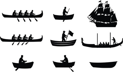 Black silhouette illustration of boats, canoes, rowboats, gondola, sailing ship, people rowing, watercraft artwork, nautical design, marine transport © Its Saidul 