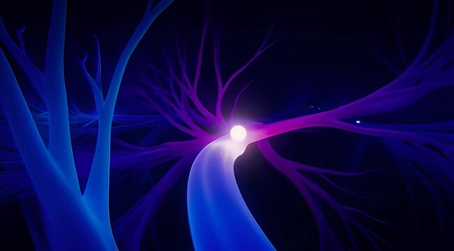 Abstract glowing tree roots with a bright orb in a dark space