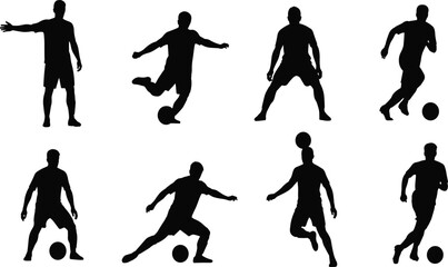 Black silhouette illustration of soccer players with ball, kicking, dribbling, passing, shooting, athletic sport artwork, football training design © Its Saidul 