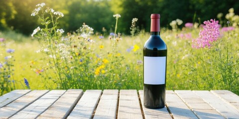 Naklejka premium Wine bottle rests upon wooden surface. Lush wildflowers bloom behind, creating vibrant outdoor scene. Sunlight filters through foliage.