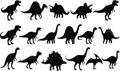 Dinosaur silhouettes collection, prehistoric animal illustration, Tyrannosaurus rex artwork, Stegosaurus vector, Triceratops profile, Brachiosaurus design © Its Saidul 