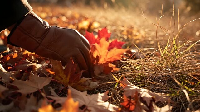 Gloved hand gently brushes through vibrant red and orange autumn maple leaves on the forest floor, bathed in warm golden hour sunlight. Ideal for seasonal themes, nature content, fall promotions,