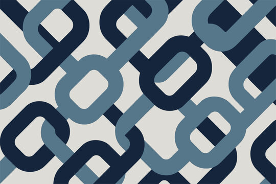 Navy blue and light blue interlocked chain link abstract geometric background. Flat vector two tone bold rounded rectangle link pattern on cream. Modern retro graphic wallpaper design