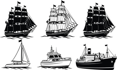 Silhouette illustration of ships boats, sailing vessels with masts, motorboat cargo ship, maritime transport concept, nautical design, ocean travel representation © Its Saidul 