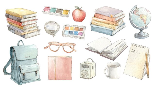 Minimal workspace with stationery objects arranged neatly on neutral background, modern study setup concept, organized learning tools theme, back to school preparation.