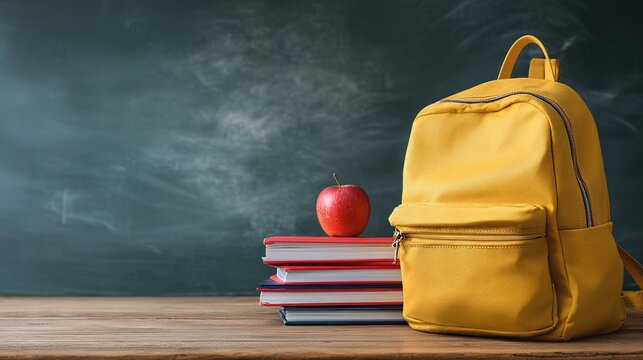Yellow backpack and books on wooden desk in front of classroom chalkboard, student preparation concept, education lifestyle scene, back to school season.