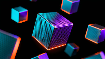 Naklejka premium Abstract glowing cubes with textured surfaces in a dark, cosmic environment, illuminated by vibrant neon lights