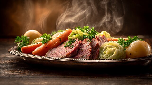 A steaming hot plate of corned beef and vegetables on a wooden table