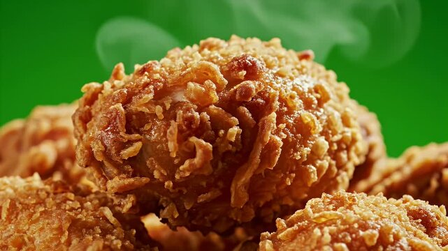 Close Up Macro Shot Of Crispy Golden Fried Chicken Pieces With Steam Rising Against A Vibrant Green Background Cinematic Food Commercial