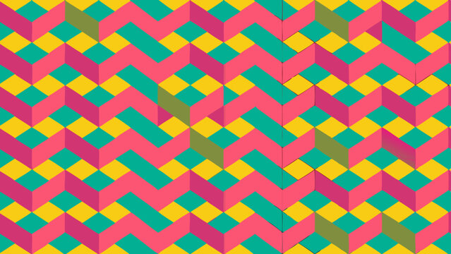 Geometric pink and teal zigzag pattern background with yellow accents