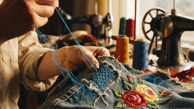 Hands embroidering colorful floral design on denim fabric