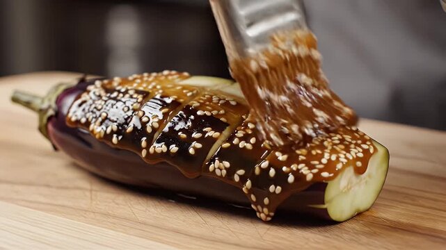 Close up of a chef brushing a glossy sesame glaze with white seeds onto a halved eggplant on a wooden cutting board preparing for cooking