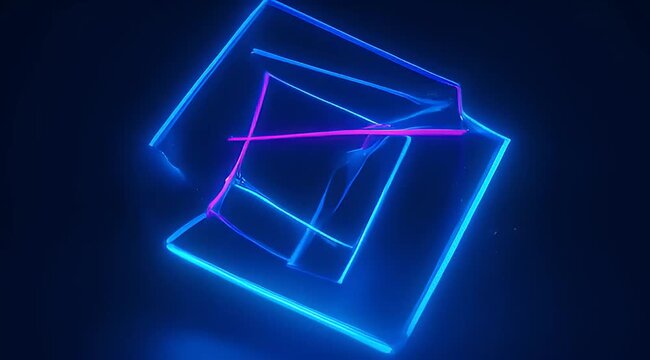 Abstract glowing cubes of blue and pink neon colors floating in darkness