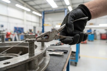 Fototapeta premium Mechanic wearing black gloves using pliers to twist and secure a thin safety wire through a metal bolt head