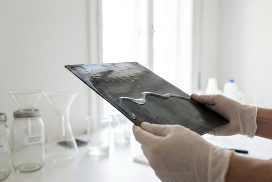 Gloved hands holding and tilting a metal plate to spread clear photographic chemical liquid evenly