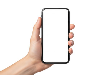 A hand holding a modern smartphone with a blank white screen for custom interface design display