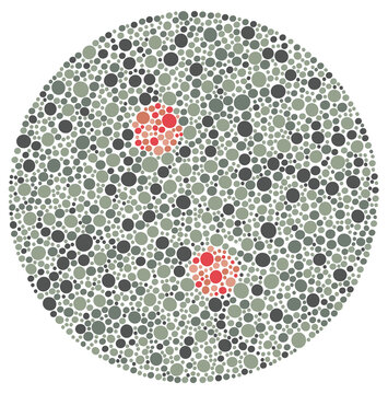Ishihara Color Blind Test with Hidden Number Among Polychromatic Dots. A professional medical illustration of a color vision deficiency test featuring a number hidden within multi-co