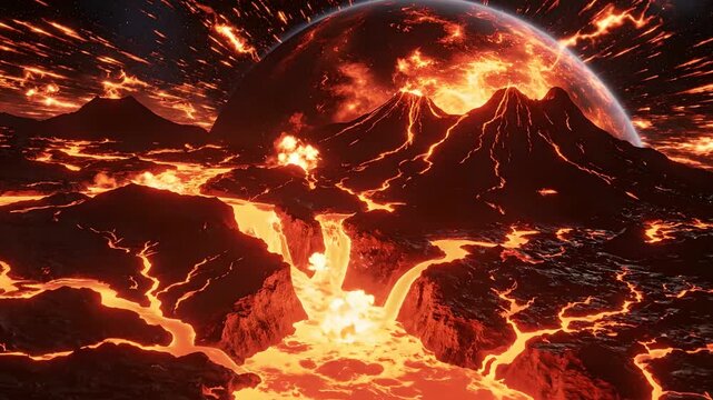 Dynamic volcanic alien planet with rivers of molten lava flowing through erupting mountains under a fiery sky. Ideal for sci-fi, fantasy, disaster films, space exploration, and game backgrounds.