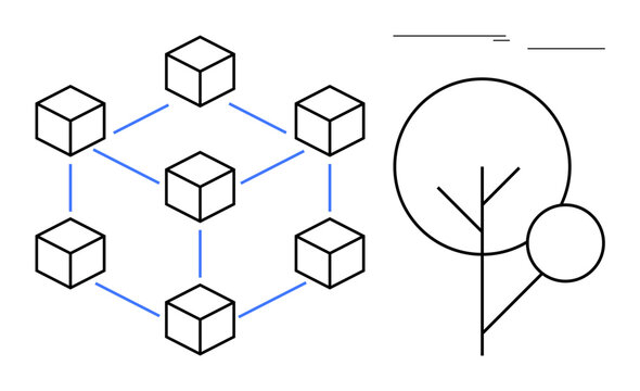 Connected cubes forming a blockchain network beside a minimal tree icon. Ideal for technology, decentralization, growth, sustainability, innovation, ecology, future. Clean simple flat metaphor