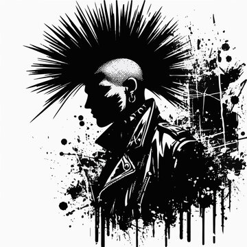 Black and white grunge style illustration of punk rocker with mohawk haircut silhouette and ink splatters
