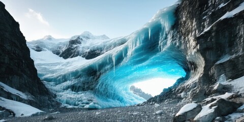Fototapeta premium Glacial cave entrance. Ice formations, mountains, snow cover landscape. Bright blue light illuminates interior passage. Dramatic winter scenery.