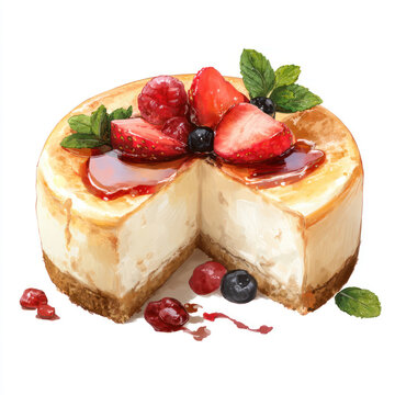 Delicious creamy cheesecake with fresh berries isolated on a clean background.  