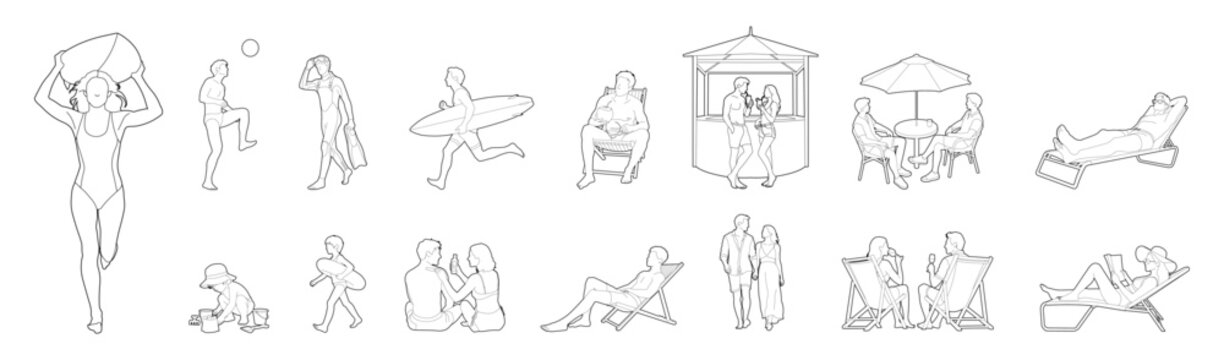 People in lines on a hot summer day, outdoor vacation, 
holiday, architectural illustration project 