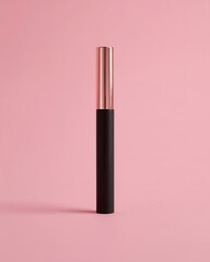 Obraz premium Minimalist Product Photography of a Sleek Mascara Tube in Matte Black Finish with Rose Gold Cap on Soft Blush Pink Background, Premium Makeup and Beauty Concept
