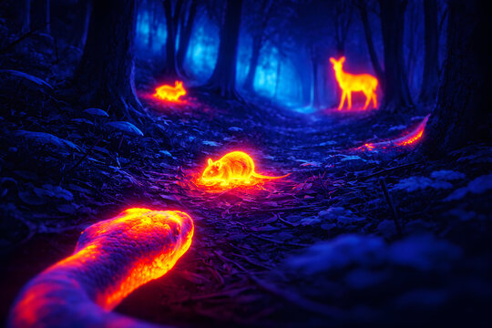 Snake thermal vision in dark forest showing glowing heat signatures of mouse and wildlife against cool blue environment, infrared predator perspective hunting at night
