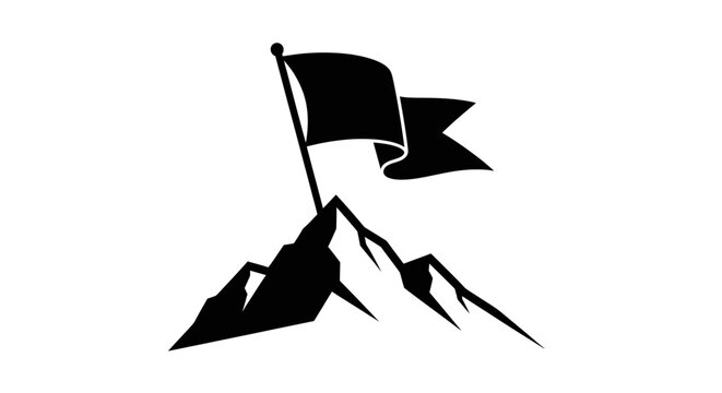 Black flag planted on a mountain peak symbolizing challenge and achievement, isolated white background.