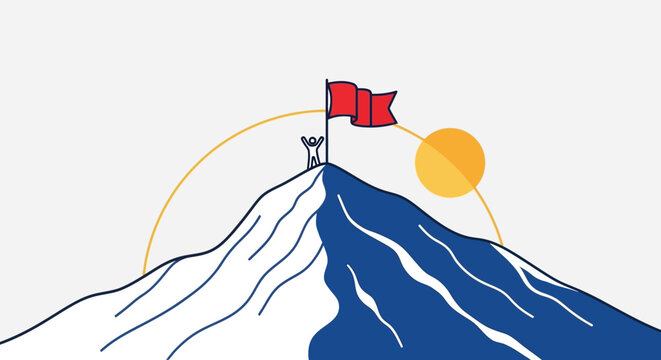 Person Celebrating on Mountain Peak with Red Flag and Sun, Achievement Concept