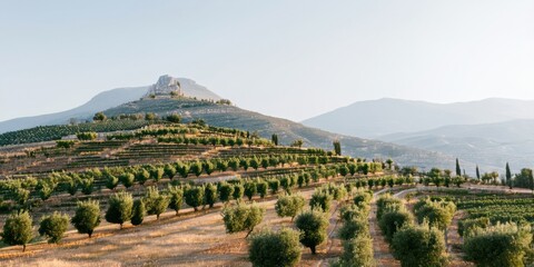Naklejka premium Rolling hills feature olive groves, vineyard rows. Distant mountain peak dominates landscape. Warm sunlight bathes terrain. Peaceful rural scene.