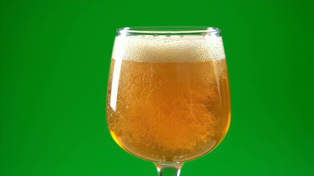 Golden Chicha de Jora Beverage Poured Into Clear Glass With Frothy Head Against Vibrant Green Screen Background Cinematic Macro Shot Detailed Bubbles