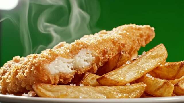 Golden Crispy Fish and Chips Platter Steaming Hot Served with Thick Cut Potatoes and Sea Salt on a White Plate with Green Background Cinematic Food Commercial