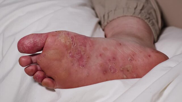 Woman showing her damaged sole. Red wounds on female skin after several confluent blisters of eczema. Acute psoriasis, chemical irritation, allergic reaction, dermatological disease on female foot.