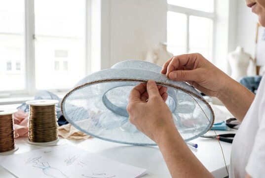 Female milliner carefully sewing decorative gold trim onto the brim of a light blue elegant hat