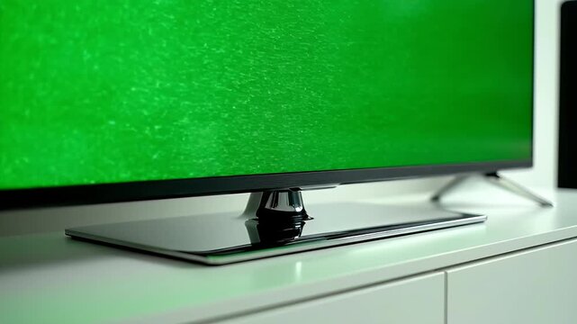 A wide-angle shot of a modern flat-screen TV with a blank green screen, sitting on a white surface