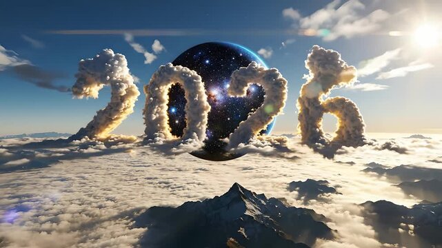 New Year 2026 title in ethereal clouds over majestic snowy mountains with a glowing cosmic planet, ideal for future forecasts, corporate business presentations, global event promotions,