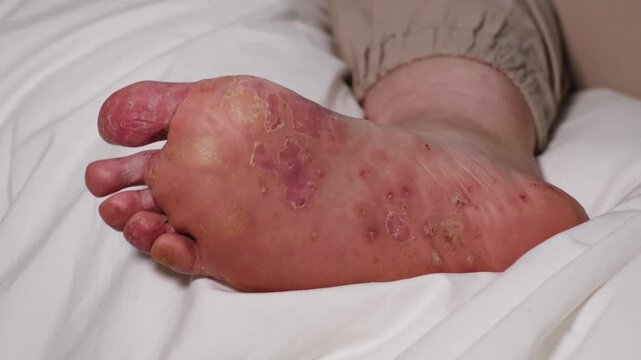 Woman showing her damaged sole. Red wounds on female skin after several confluent blisters of eczema. Acute psoriasis, chemical irritation, allergic reaction, dermatological disease on female foot.