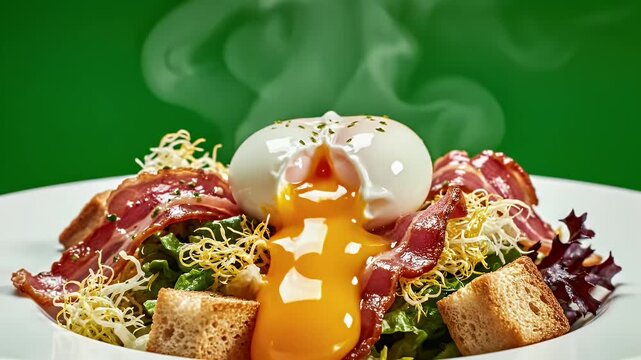 Gourmet Salade Lyonnaise a Classic French Dish With Poached Egg Crispy Bacon Croutons and Cheese Presented on a White Plate Against a Vibrant Green Background with Steam Rising