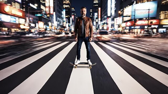 Man with beard on skateboard on a busy city street at night
