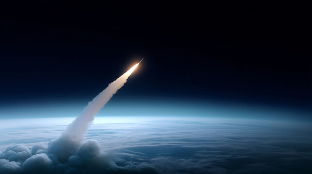 Realistic space launch scene with rocket plume rising from Earth into orbit Realistic orbital perspective of a rocket plume rising sharply from Earth into space, bright launch flam