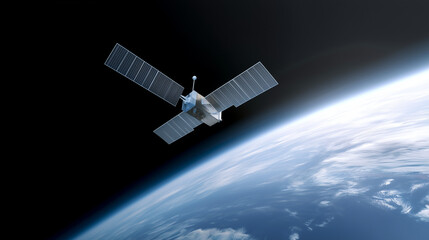 Obraz premium Detailed satellite with solar panels flying above Earth in realistic orbital view Realistic orbital scene of a detailed satellite with wide solar panels flying above the curved hor