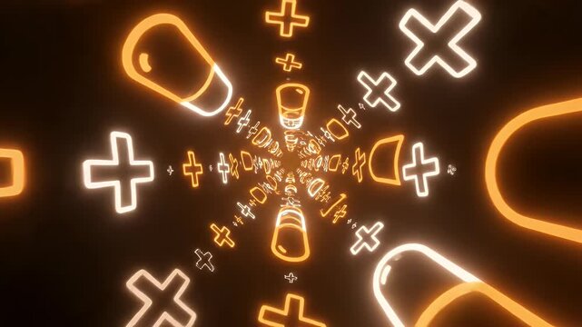 Glowing pills and crosses receding into a dark, abstract tunnel