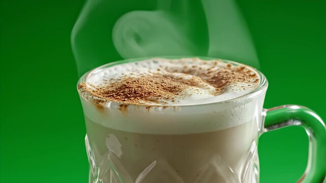 Hot Salep Drink With Frothy Cream and Cinnamon Topping in a Clear Glass Mug on a Vibrant Green Background Cinematic Food Photography