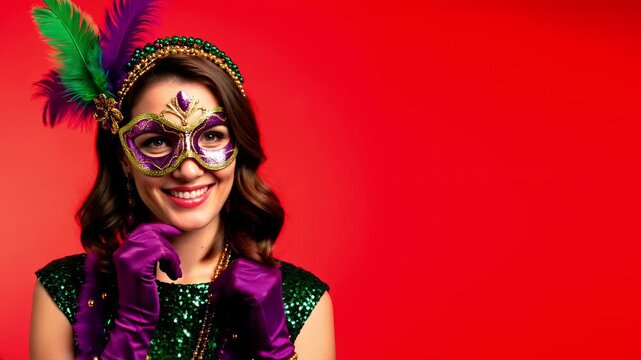Happy woman wearing ornate Mardi Gras mask and green sequin dress on red background with copy space
