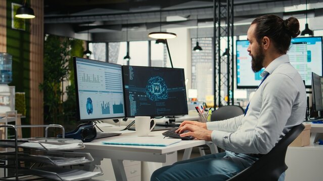 General manager employs AI neural network for work task optimization, increasing productivity with data sharing and machine learning. Artificial intelligence for business goals.
