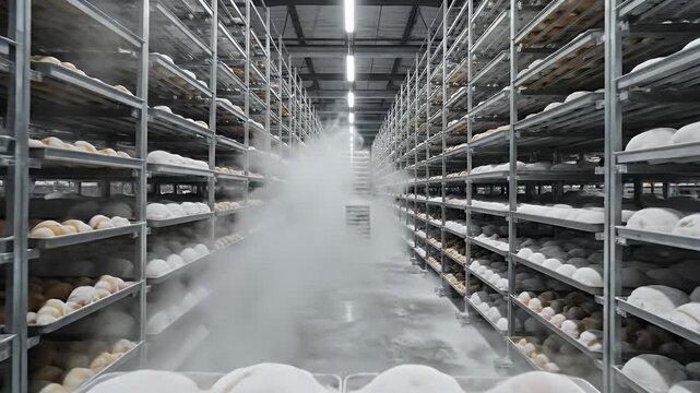 Industrial Cold Storage Warehouse Interior With Rows Of Frozen Baked Goods On Shelves With Visible Mist And Lighting Industrial Design