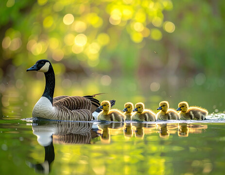 Mother goose and goslings swimming together.